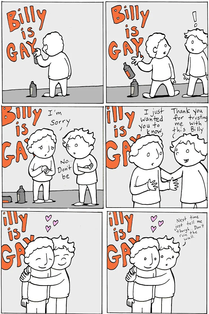 Comic strip showing acceptance and kindness in a message about being gay