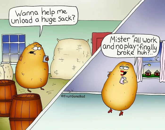 Funny and slightly naughty comics of potato characters talking on their phones with suggestive dialogue.