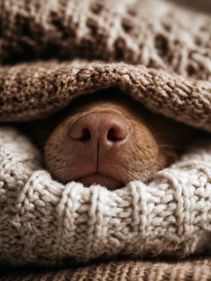 A cute dog nose peeking out from under a cozy knitted brown blanket