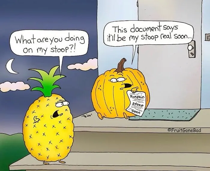 Funny and naughty comics featuring a pineapple and a pumpkin talking about a pumpkin spice joke.