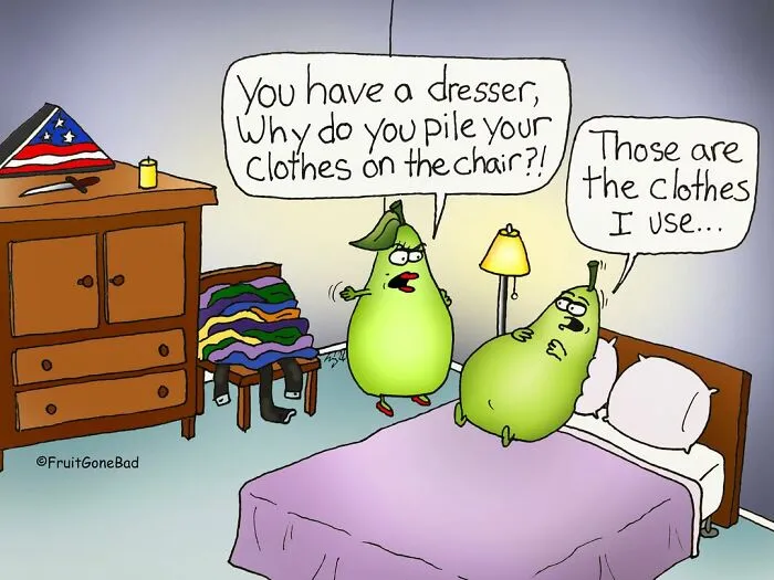 Funny and naughty comics of two green pear characters arguing about clothes piled on a chair.