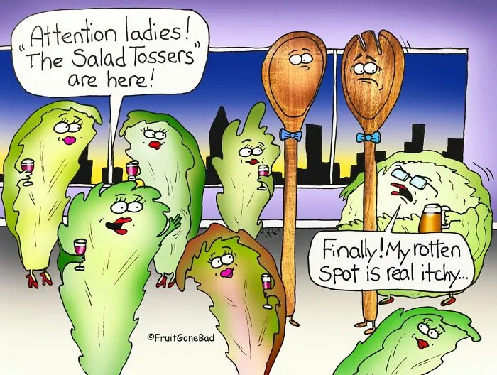 Funny and naughty comics of wooden salad spoons and lettuce heads making innuendos at a party.