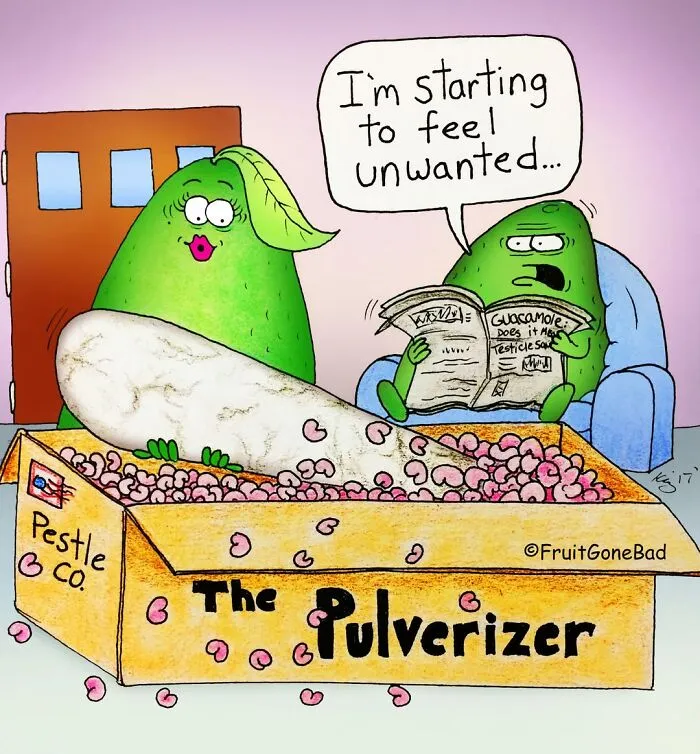 Funny and slightly naughty comics with an avocado holding a large pestle in front of another avocado