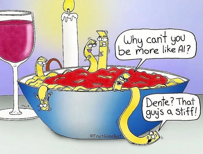 Funny and slightly naughty comics showing noodles in a bowl of sauce with one standing stiffly