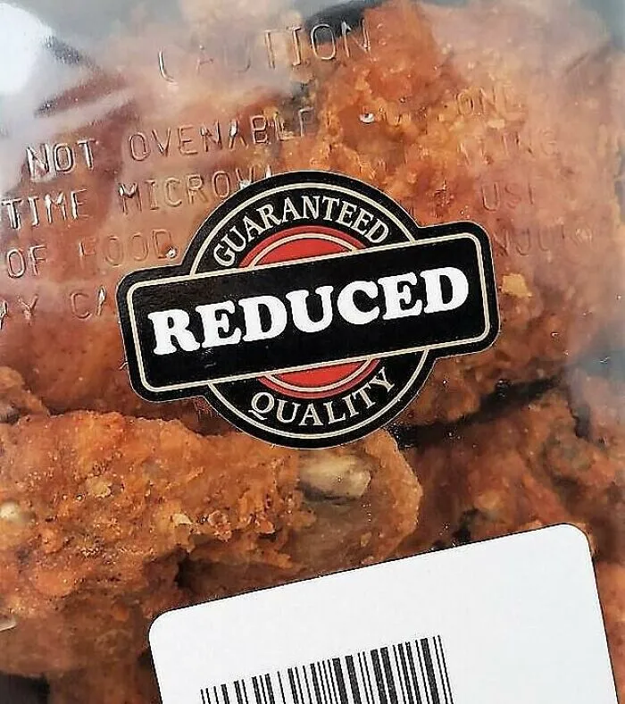 A sticker reading guaranteed reduced quality on food packaging, an advertising fail