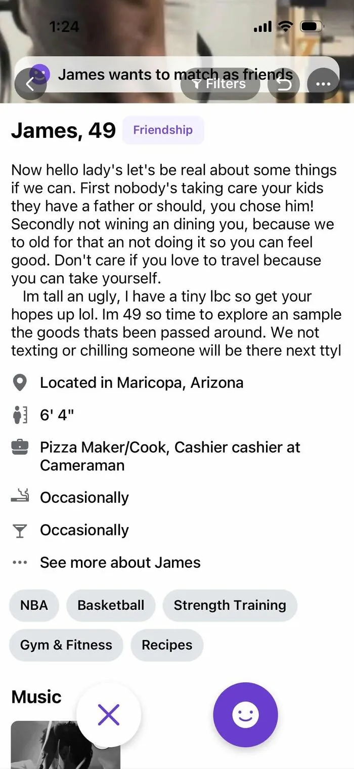 A dating profile with high demands, showing real-world examples of how women are viewed.
