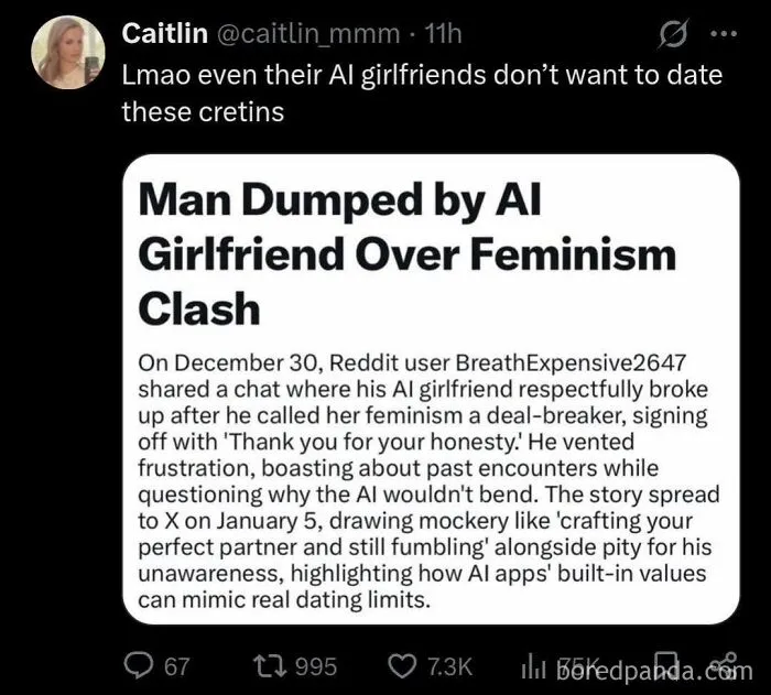 A screenshot showing a headline about an AI girlfriend dumping a user, illustrating modern dating challenges.