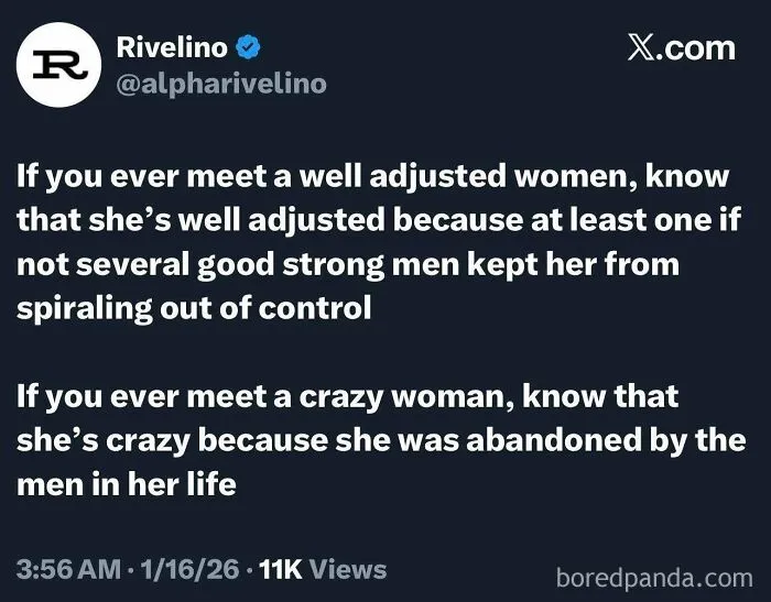 A social media post discussing how women are viewed in relationships, highlighting gender dynamics.