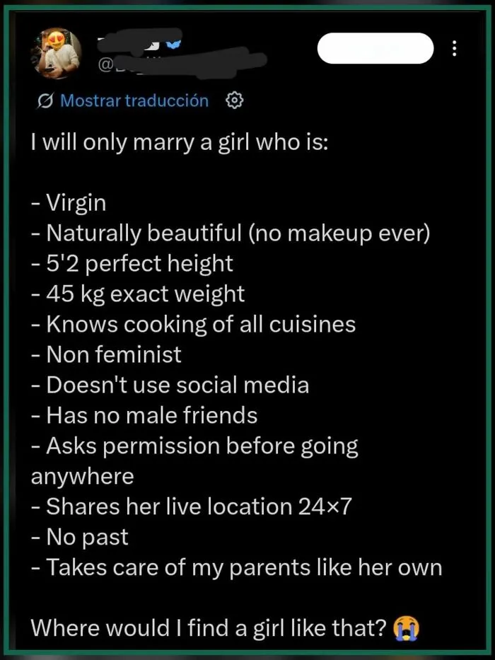 A list of unrealistic demands for a wife, highlighting how women are still fighting to be viewed as people.