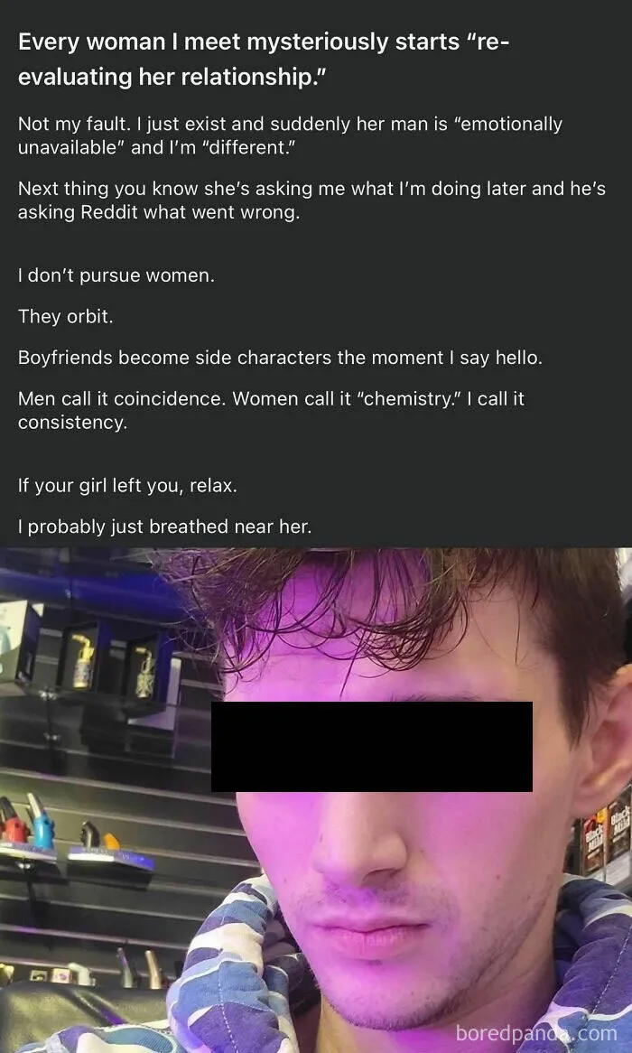 A social media post where a man boasts about how women react to his presence.