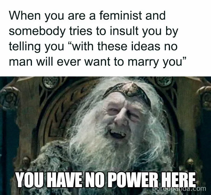 A meme using a Gandalf template about how women are still fighting to be viewed as people despite insults.