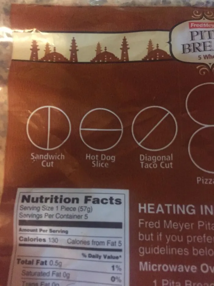 Absurd food packaging showing hilarious cutting diagrams for pita bread slices