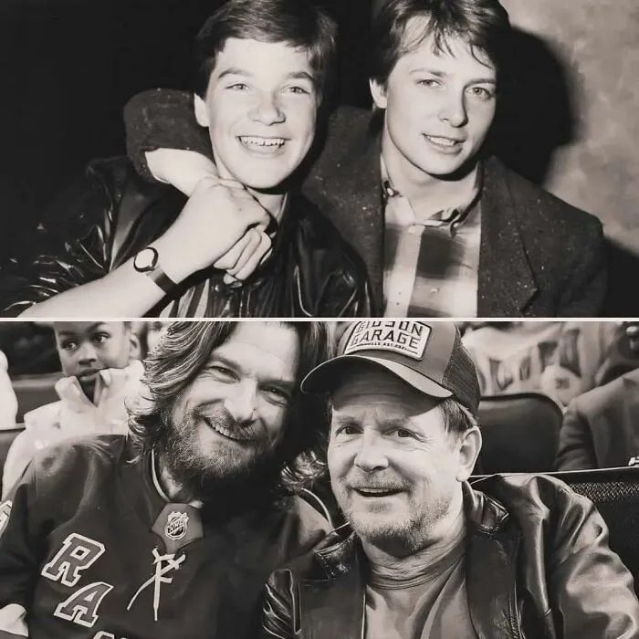 Then and now black and white photos of Jason Bateman and Michael J. Fox, evoking 80s kids childhoods nostalgia.