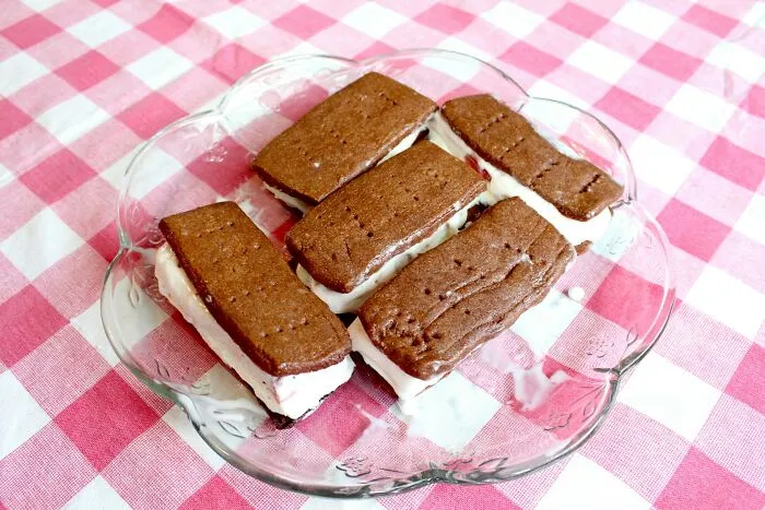 Homemade ice cream sandwiches served on a plate as a weird trick-or-treating treat.