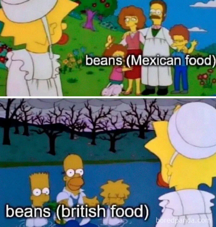 A funny Simpsons meme breaking down complex memes about Mexican food and British food using beans.