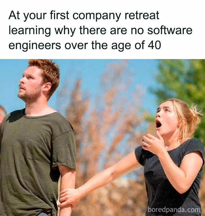 A man looks up while a woman gasps at a corporate retreat in complex memes.