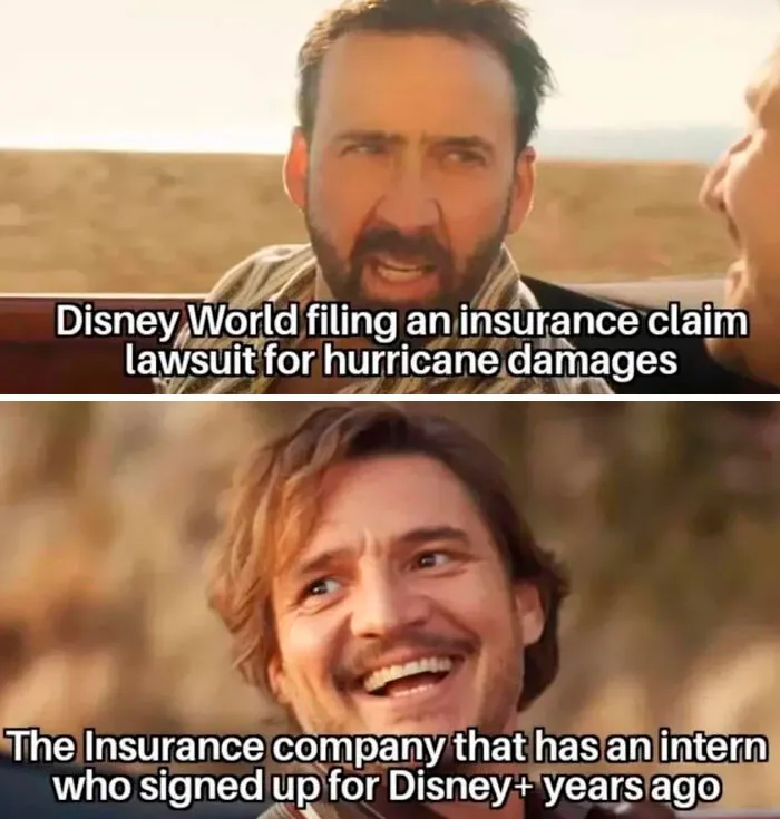 Nicolas Cage and Pedro Pascal meme representing an internet post about Disney World and insurance claims.