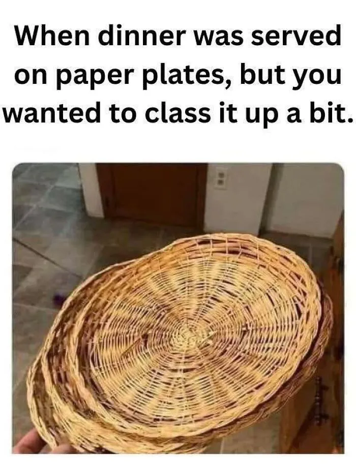 Wicker paper plate holders, a staple in nostalgic photos that bring 80s kids back to their childhoods.