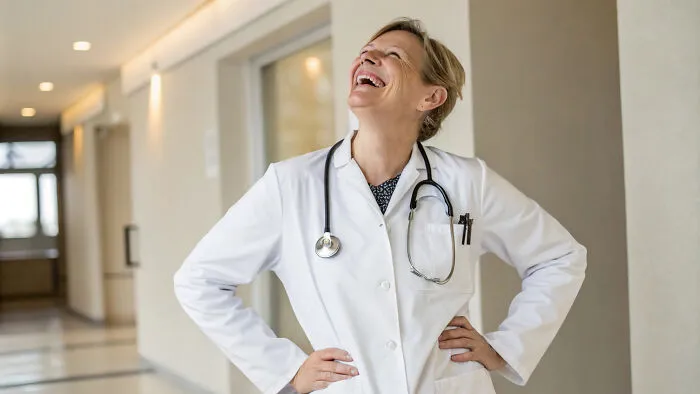 A female doctor laughing in a hospital hallway, representing doctors interacting with patients.