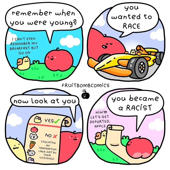 FruitBombComics cartoon addressing childhood memories and social issues