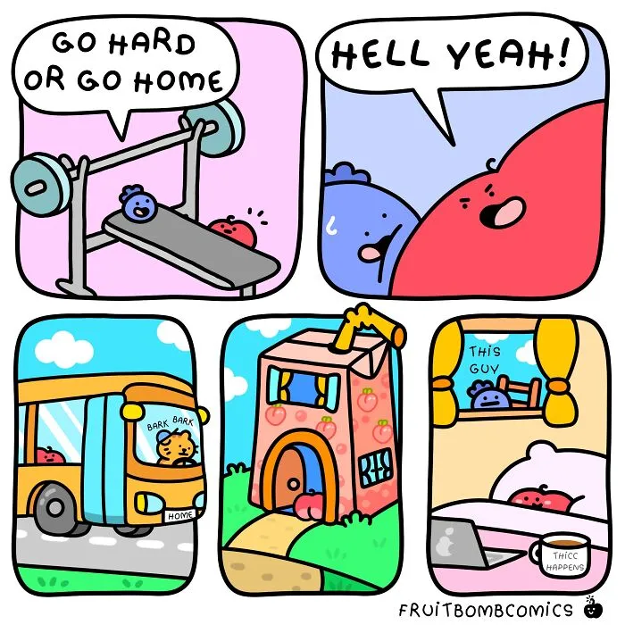 FruitBombComics comic shows talking fruit lifting weights and funny home scenes with cat and friends