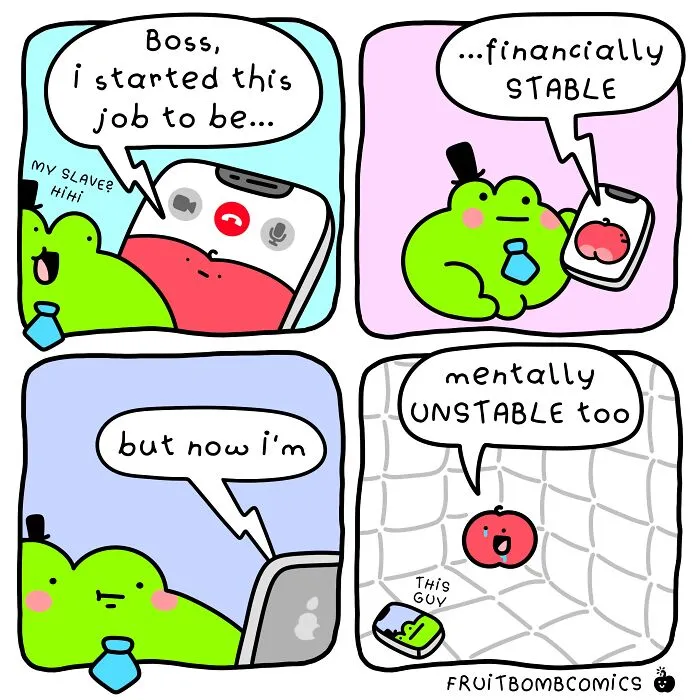 Funny FruitBombComics about job stress featuring talking fruits and mental health humor