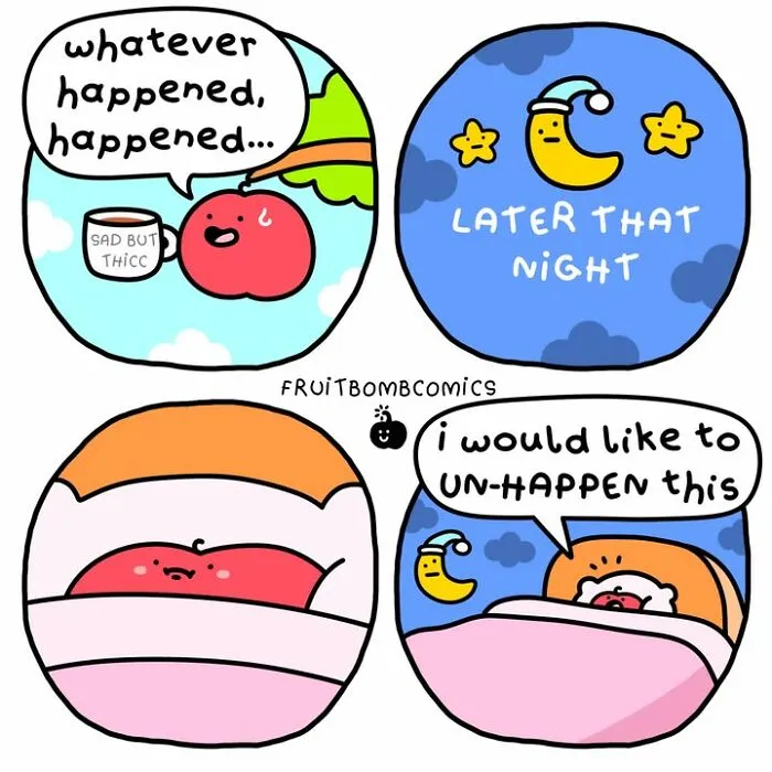 FruitBombComics funny talking fruit feels regret and wishes to un-happen event at night
