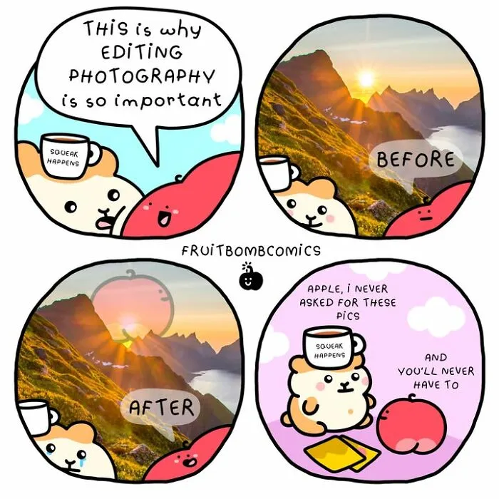 FruitBombComics comic explains importance of editing photography with talking fruits and animals