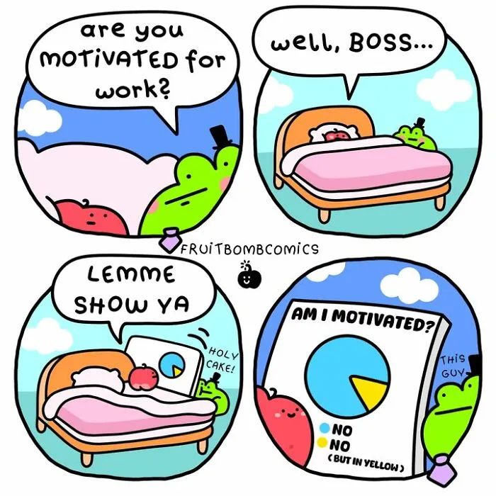 FruitBombComics comic with talking fruits on motivation for work and humorous pie chart