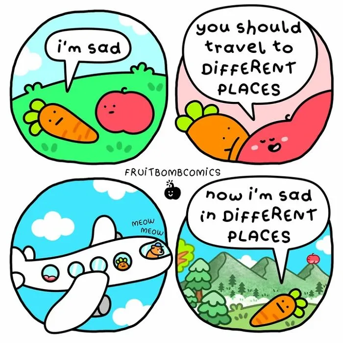 Talking carrot and tomato in FruitBombComics discuss traveling to different places to change sadness