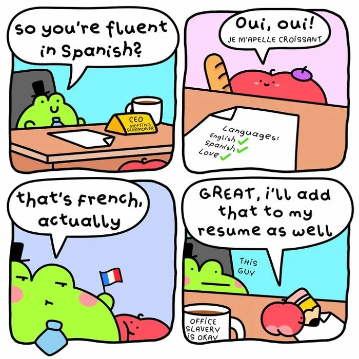 FruitBombComics cartoon of fruit and frog at an interview discussing language skills and resume