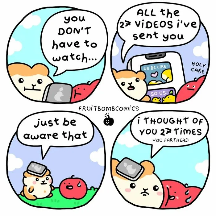 FruitBombComics with hamster and tomato discussing sent videos and thinking about each other