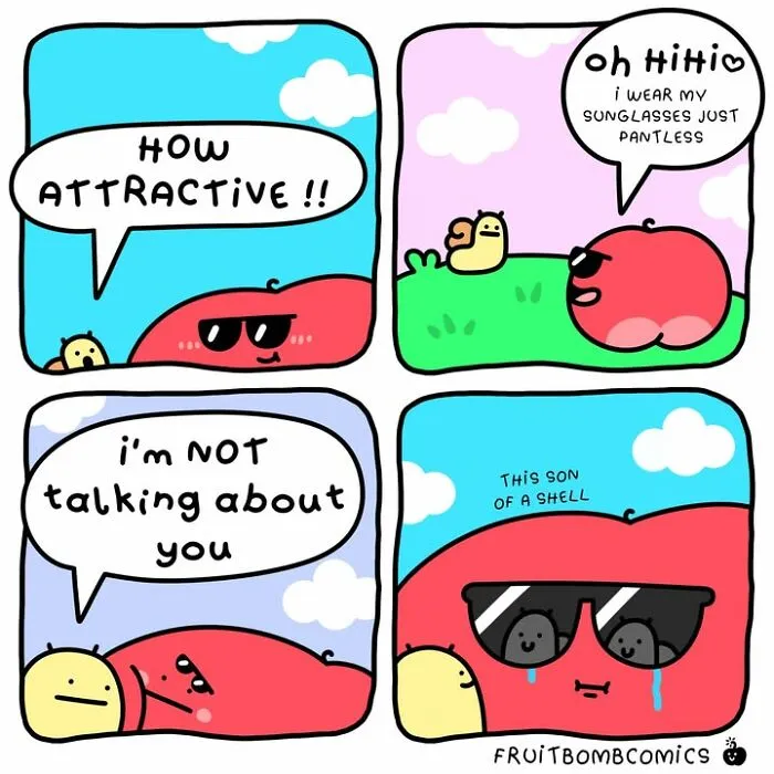 FruitBombComics with fruit wearing sunglasses and humorous dialogue about attraction and shells