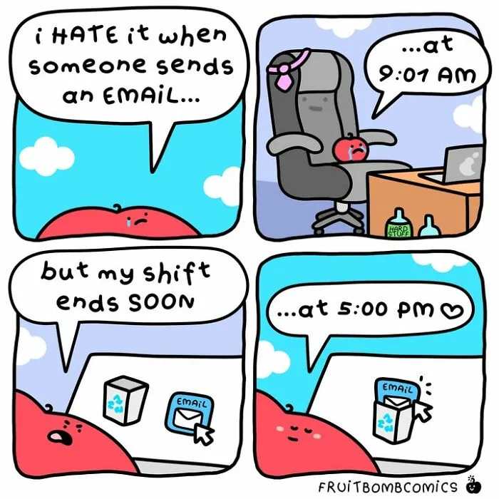 FruitBombComics showing frustration over receiving an email before shift ends with talking fruit characters