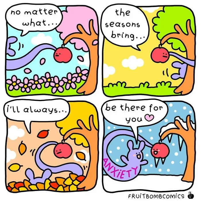 FruitBombComics comic showing apple always there through seasons with anxiety