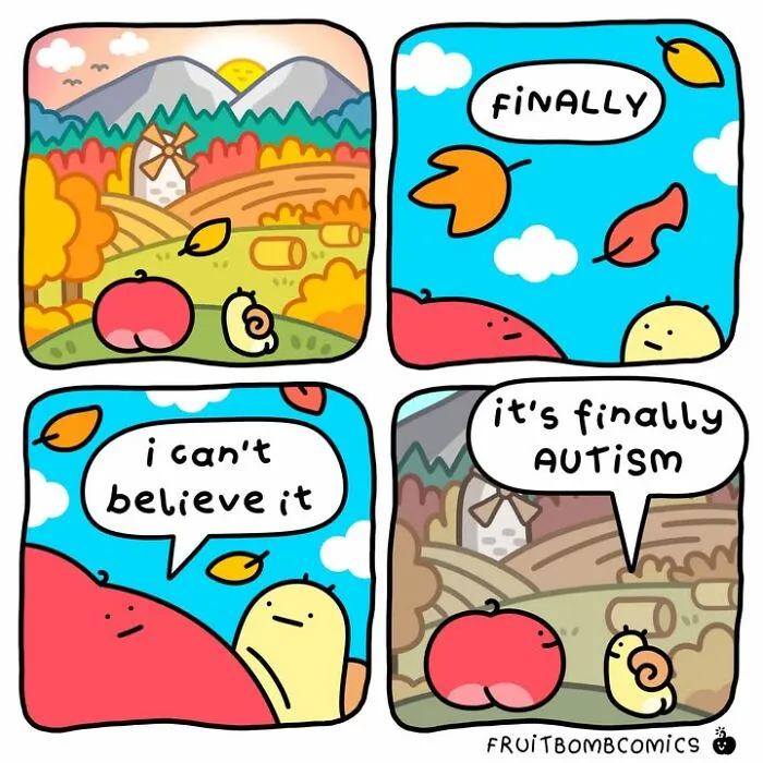 FruitBombComics comic with talking fruits revealing autism acceptance