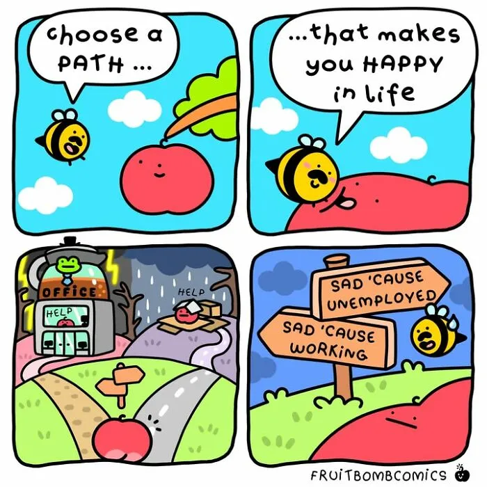 FruitBombComics comic about choosing a happy life path with humorous fruit characters