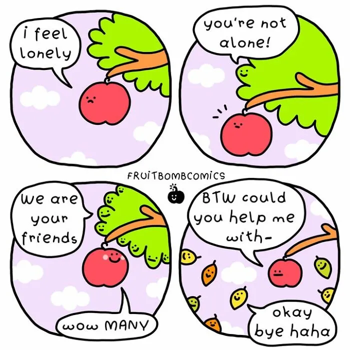 FruitBombComics showing a lonely apple finding friendship with colorful fruit friends
