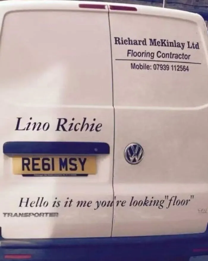 A flooring contractor van with Lino Richie text, showcasing clever truckers puns.