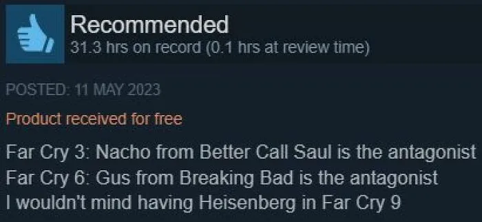 Hilarious Steam reviews comparing Far Cry video game villains to Breaking Bad characters.