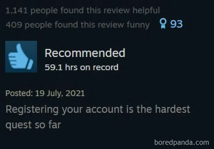 Funny Steam review describing account registration as the hardest quest