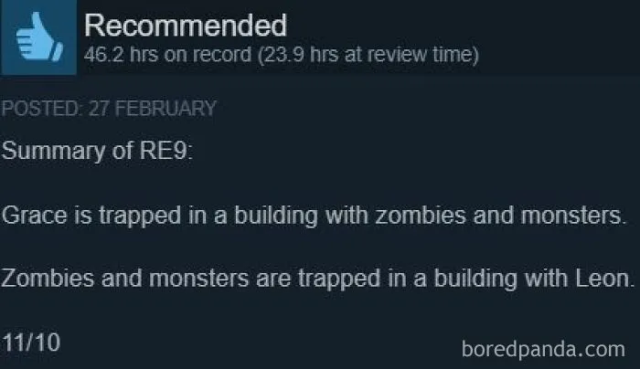Funny Steam review summarizing RE9 plot in a witty text post