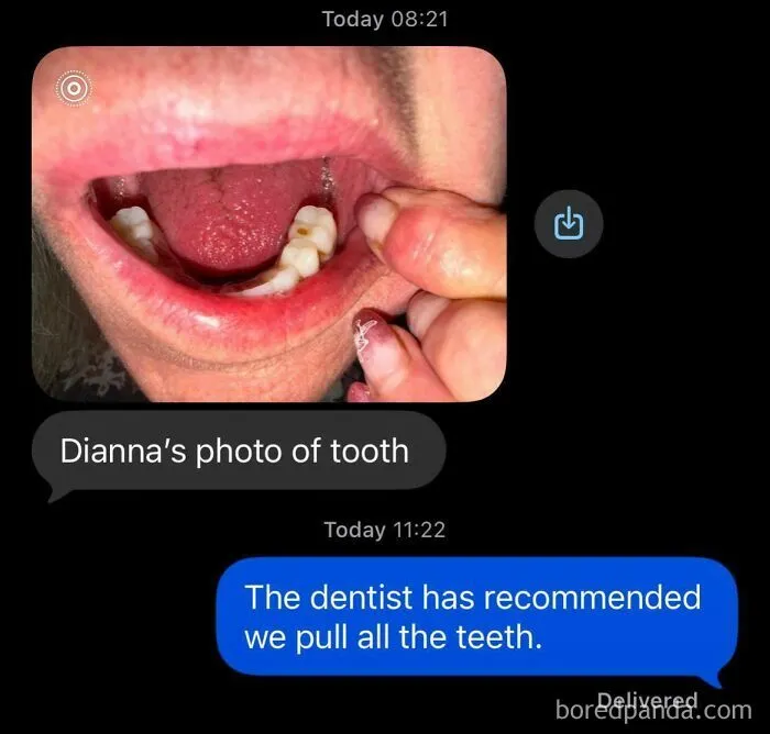 Funny wrong number texts involving a photo of a open mouth and a dental recommendation joke