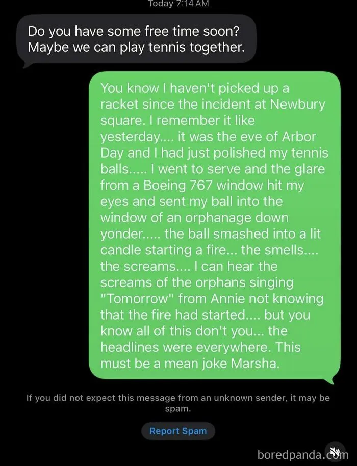 Hilarious wrong number texts featuring an elaborate story about a tennis match gone wrong