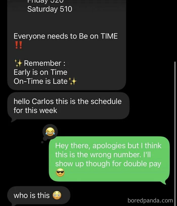 A text thread showing wrong number texts sent to a stranger about a work schedule and offering to show up for double pay.