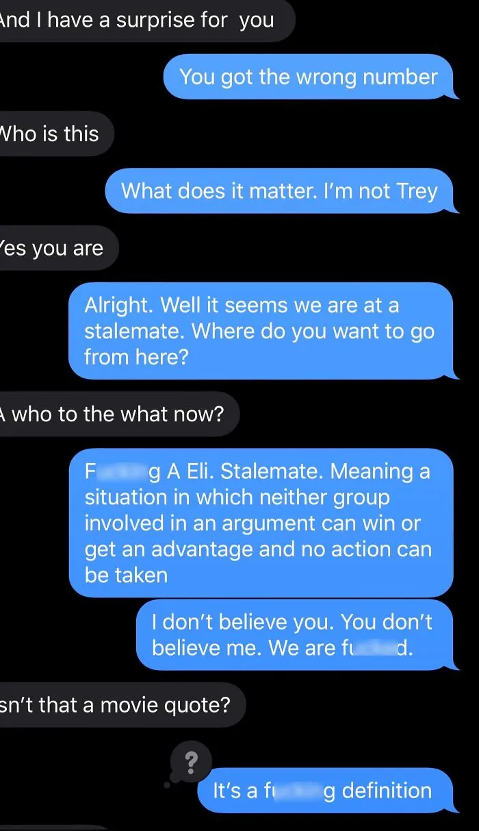 A messaging screenshot showing wrong number texts escalating into a debate over the definition of stalemate.