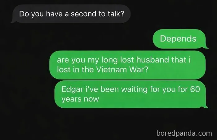 Funny text conversation featuring wrong number texts jokes about waiting 60 years for a lost husband.