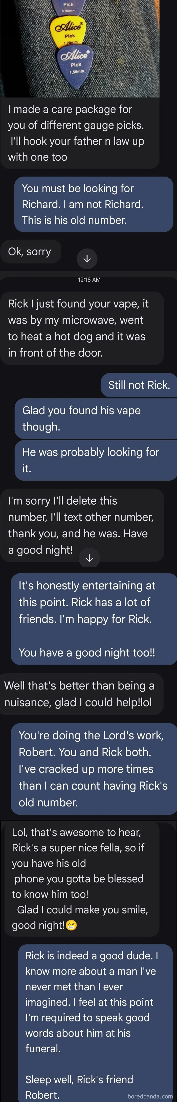 Wholesome wrong number texts conversation discussing a mutual acquaintance named Rick.