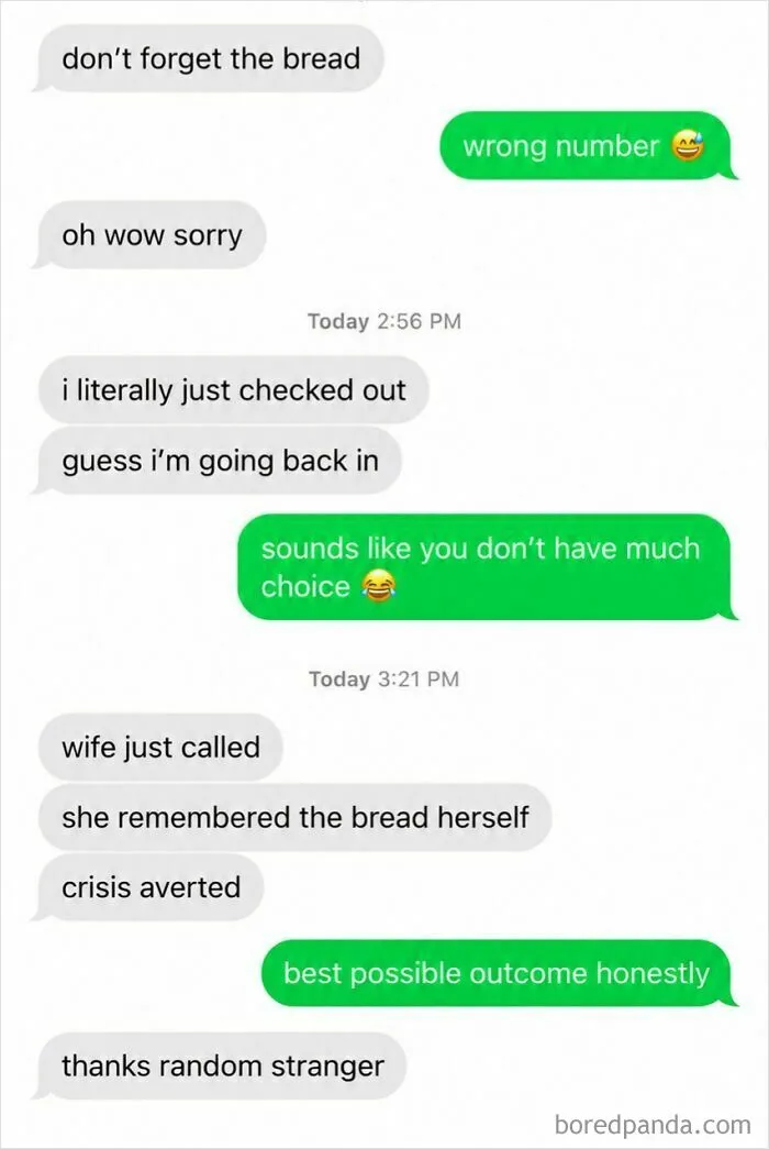 Wholesome wrong number texts exchange about buying bread at grocery store.