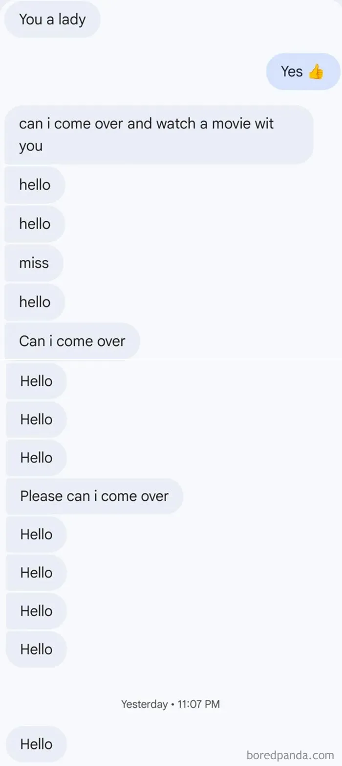 Repeated hello messages in a persistent text conversation showing wrong number texts.